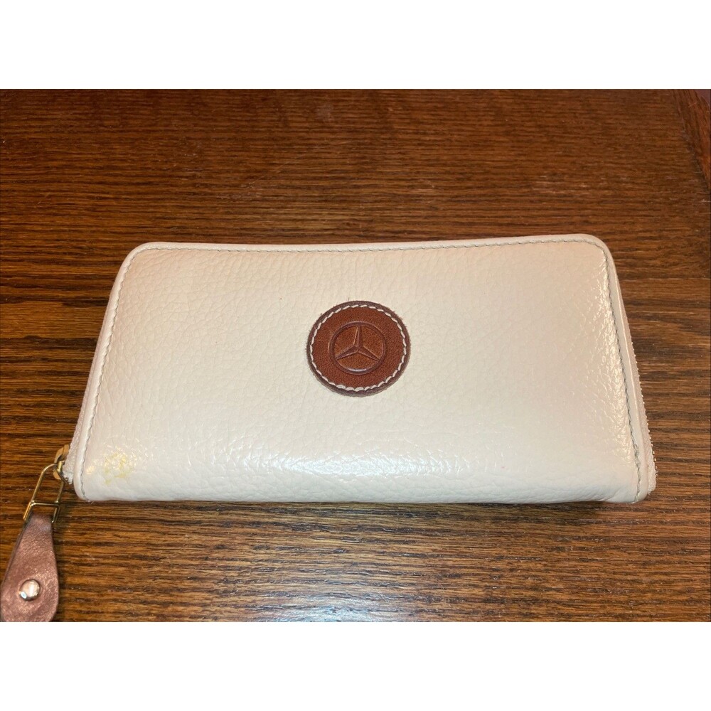 Mercedes-Benz Women’s Zip Around Genuine Leather Wallet Clutch Cream Tan